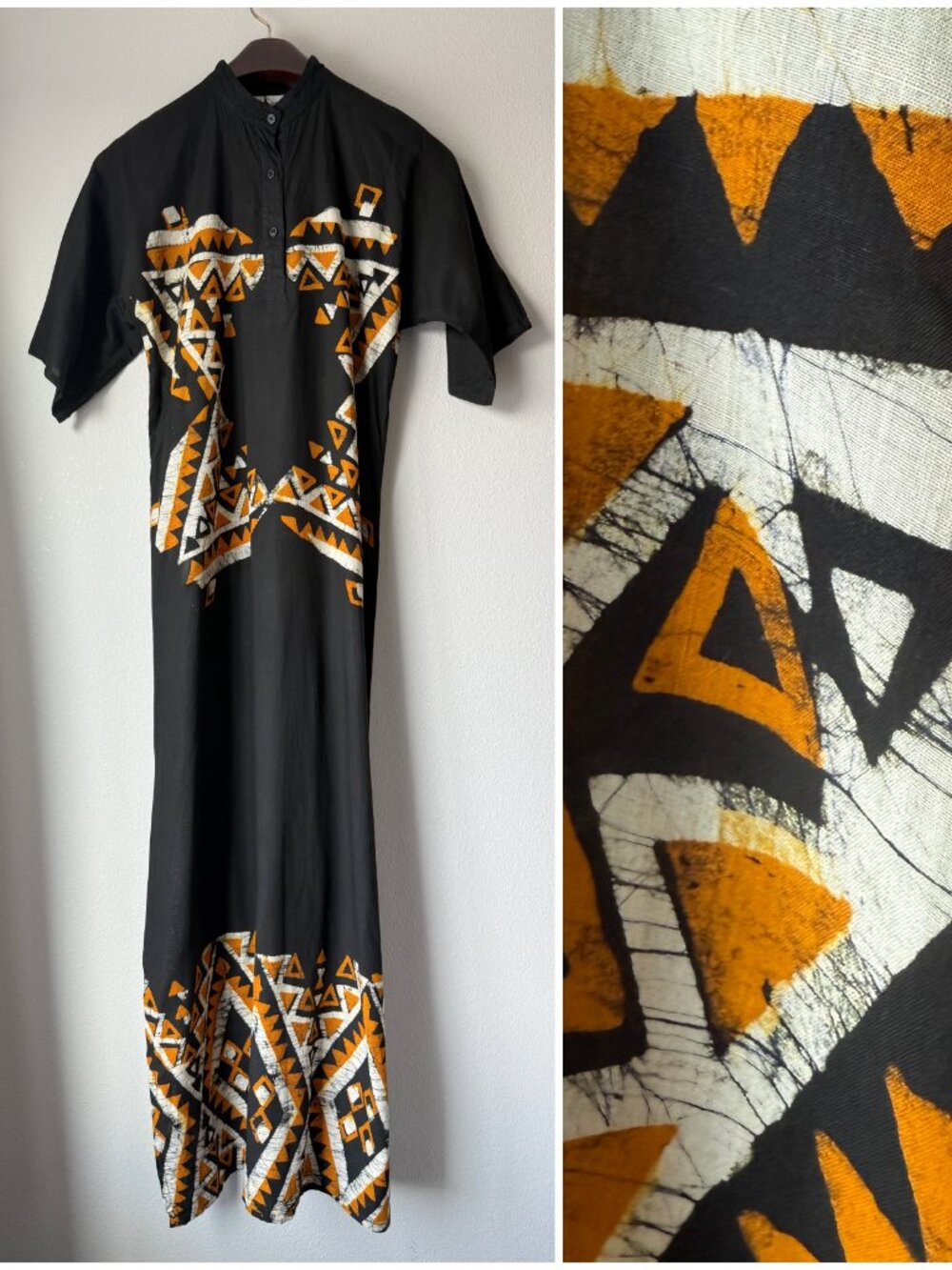Vintage Batik Printed Boho Black Orange Geometric Pattern Maxi Dress M/L Tall